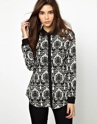 2014夏季歐美款經(jīng)典黑白復(fù)古印花長袖拼接襯衫 一款歷久彌新的女裝批發(fā)焦點(diǎn)